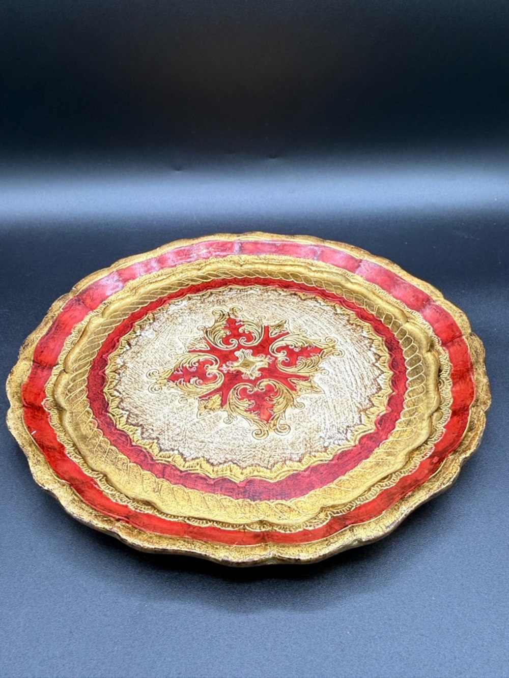 Red and Gold Scalloped Florentine Serving Tray - Luxury Home Dining Accent
